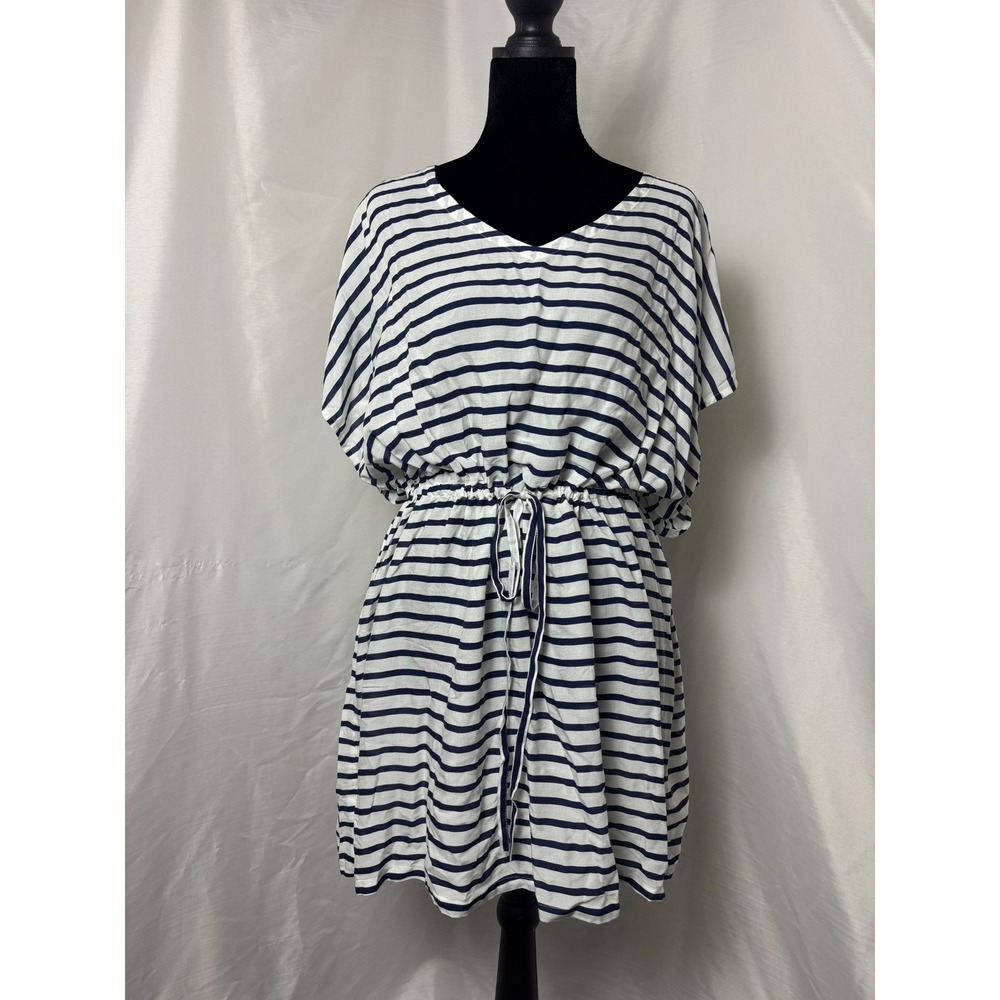 Lands End Womens Small Blue White Striped Modal V-Neck Drawstring Waist Dress